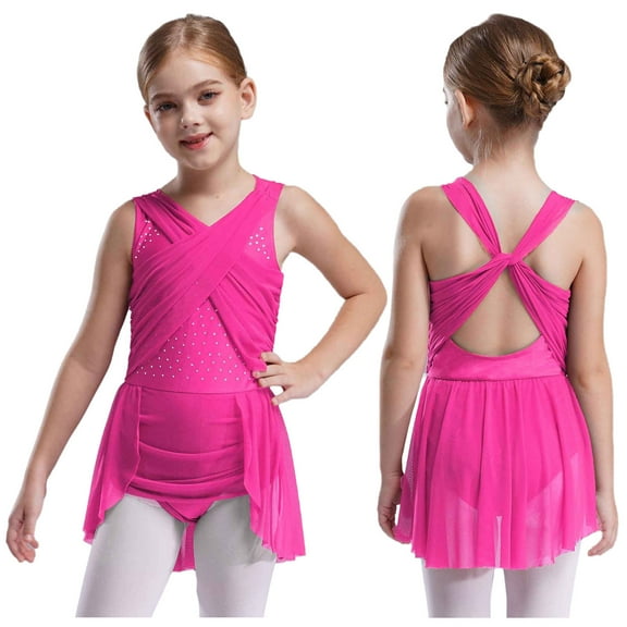 YUUMIN Ballet Dance Leotard Dress for Girls Latin Jazz Ballroom Dancing Outfit Ballerina Lyrical Wrap Skirt Hot Pink 10