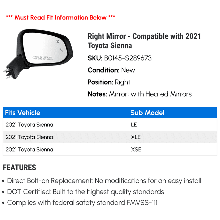 New Passenger Right Side Heated Hand Mirrors for 2013-2017 Toyota