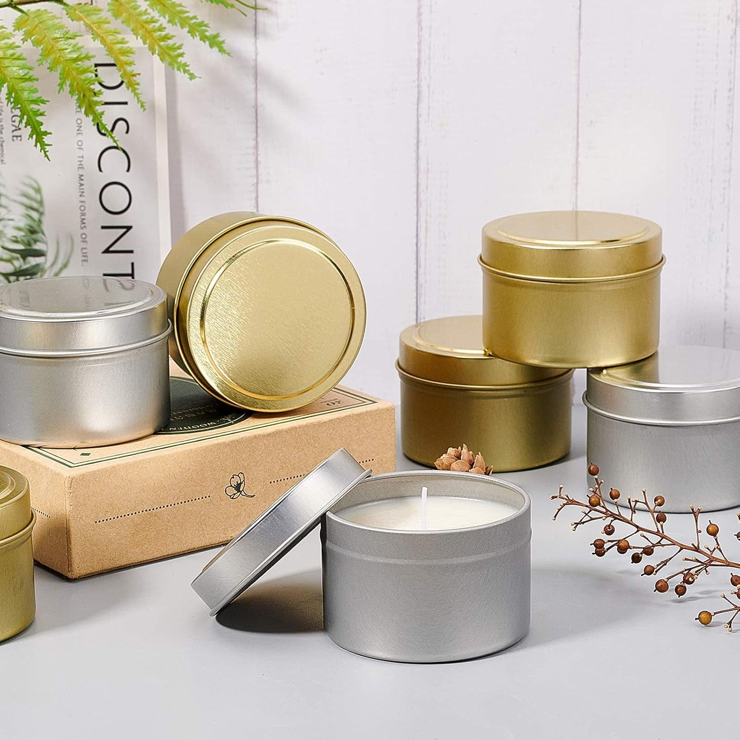 DIY Candle Tin 12 Pieces Round Iron Candle Tins with Candle Wick and Double-Faced Self-Adhesive Paper Stickers for Making Candles DIY Party Favors and More Making DIY