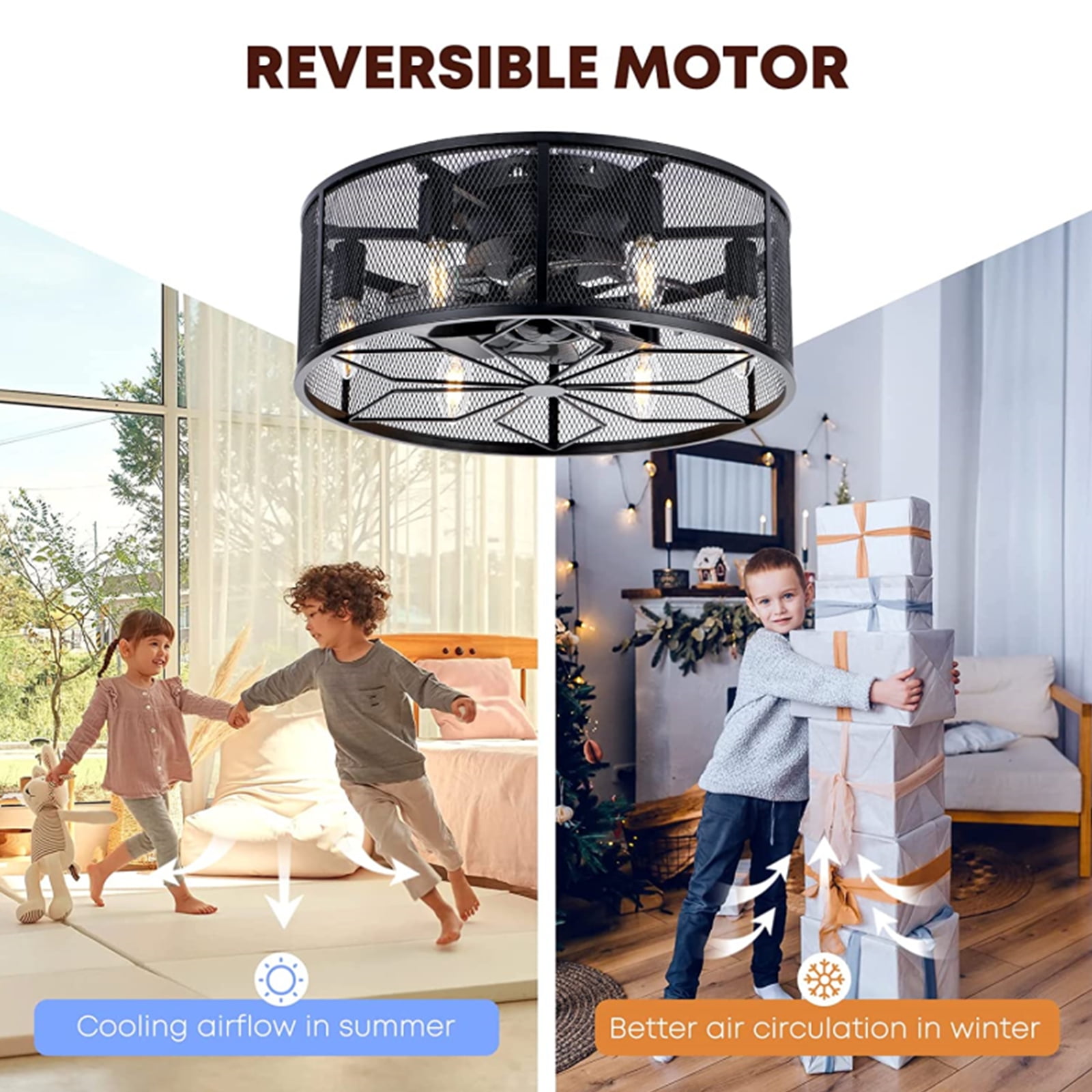 NookNova 18'' Black Farmhouse Caged Ceiling Fan with Lights and Remote, Flush Mount Low Profile Ceiling Fan Lighting, Industrial Bladeless Enclosed Rustic Ceiling Fan Lights for Home Office
