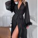 thumbnail image 1 of Camisón de pijama de manga larga con plumas de seda artificial de verano europeo y americano, cómodo con cordones, ropa de casa para mujer, 1 of 5