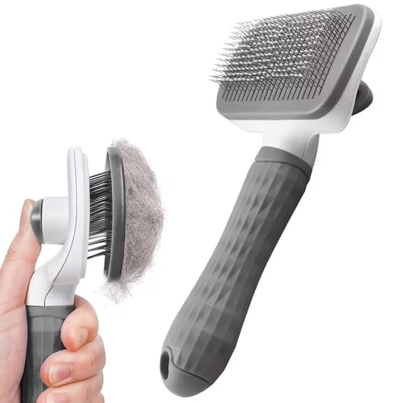Cat Self-Cleaning Slicker Brush, Pet Grooming Brush with Button for One-Click Hair off, Gray