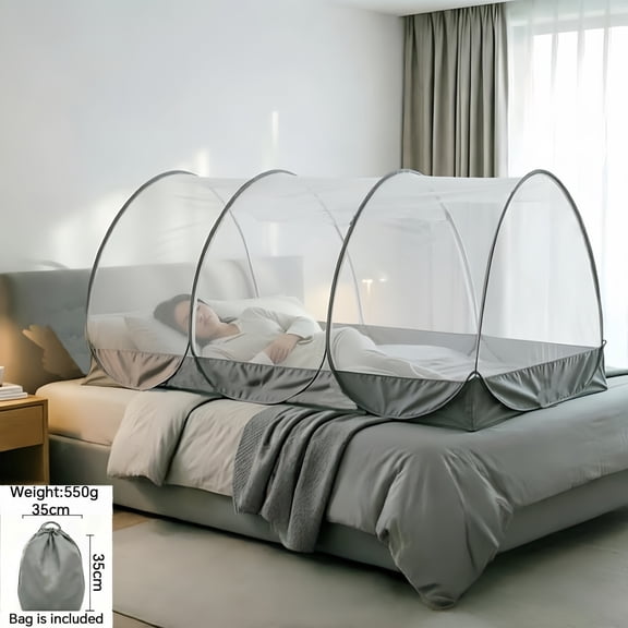 Portable Pop-Up Mosquito Net, Foldable No Installation Double Door Bed Net with Fabric Bottom, 78"x39"x35" Gray Edge for Bedroom Camping Patio