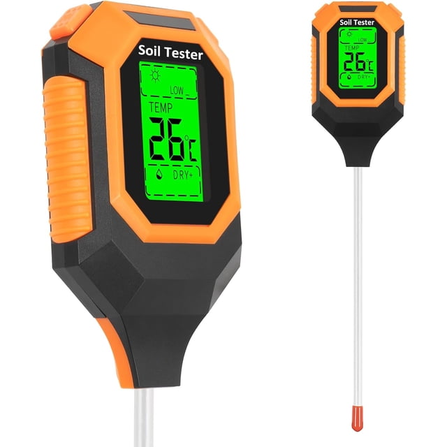 Medidor de humedad del suelo 4 en 1 Medidor de pH digital/humedad del suelo/temperatura de la planta/intensidad de la luz solar, pantalla LCD retroiluminada, medidor de prueba de suelo para