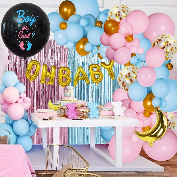 Gender Reveal Decorations Party Supplies with 114Pcs Pink Blue Gold  Balloons Garland Arch, OH Baby & 36 Boy Or Girl Gender Reveal Balloon,  Curtains