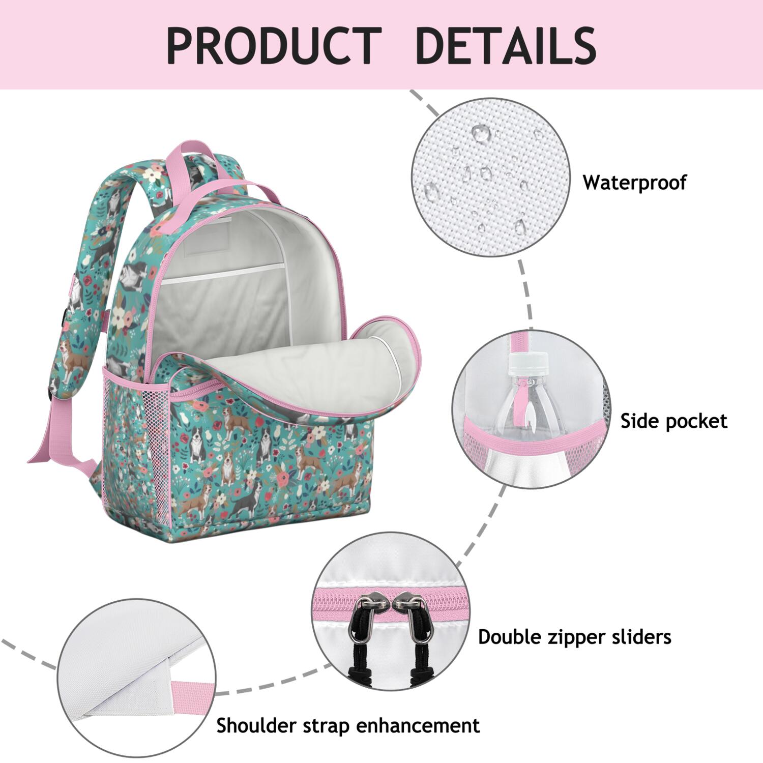 Pitbull Dog and Flower Floral Backpack for School,Cute School Bag,Schoolbag with Adjustable Shoulder Straps & Padded Back,15.25"x11.5"x5.25"