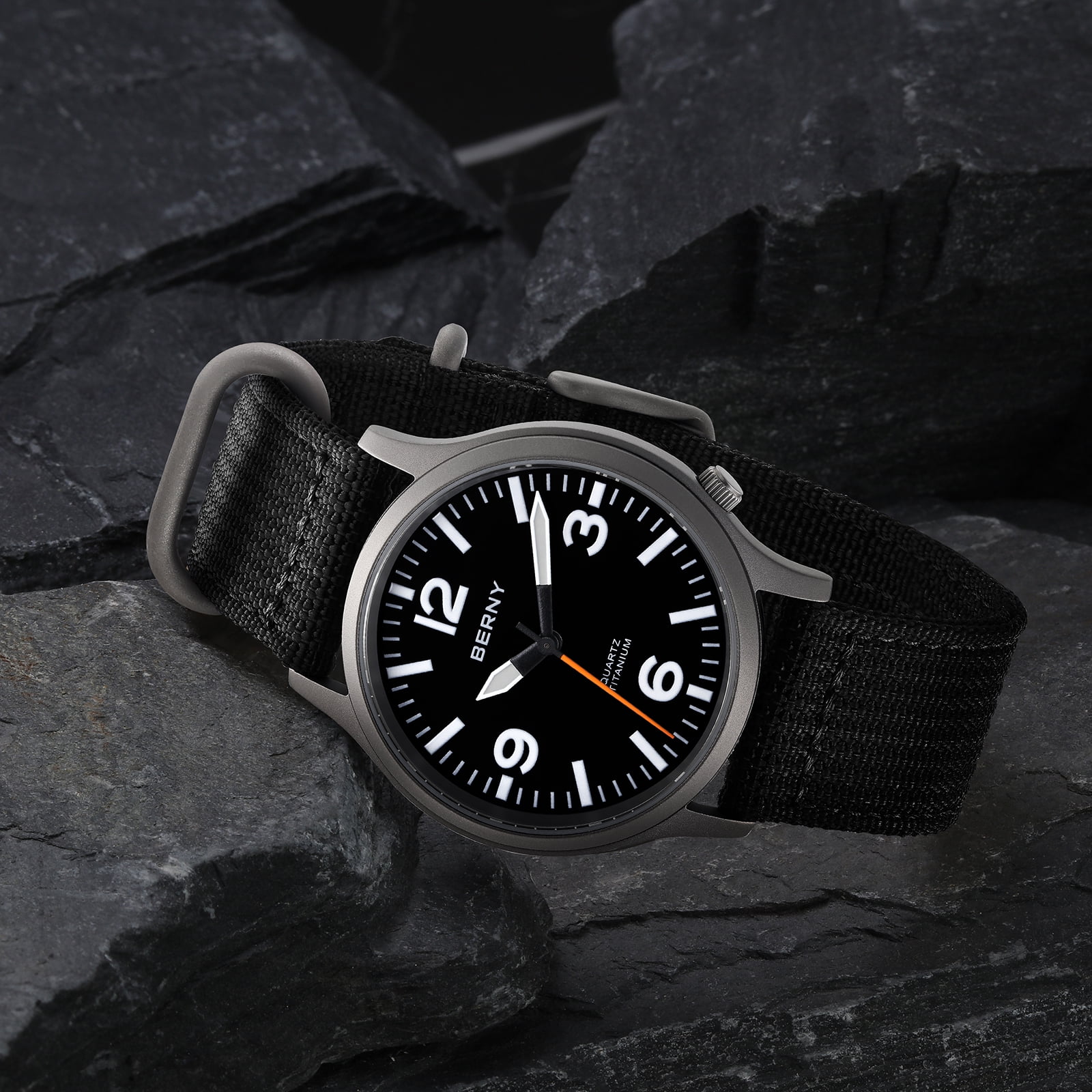 BERNY Watches for Men Military Sport Nylon Strap Titanium Field Watch with Sapphire Crystal Luminous Fashion Analog Quartz Watch Easy to Read 50M Waterproof Army Tactical Casual Wristwatch (Black)