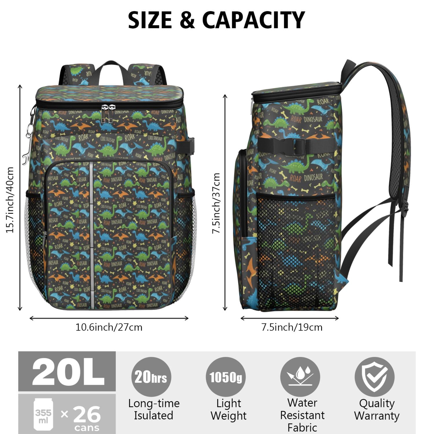 Travel Cooler Bag - Black Cartoon Dinosaurs Roar Pattern Camping Beer Cooler Backpack with Bottle Opener- Waterproof Insulated Picnic Backpacks - Cooler Bag for Beach