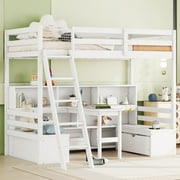 VLDTDRDI Twin Size Loft Bed with 2 Seats And Desk, Pine Wood Loft Bed Twin with 2 Drawers and 9 Shelves,Higher Guardrail Stairs Loft Bed for Kids, White