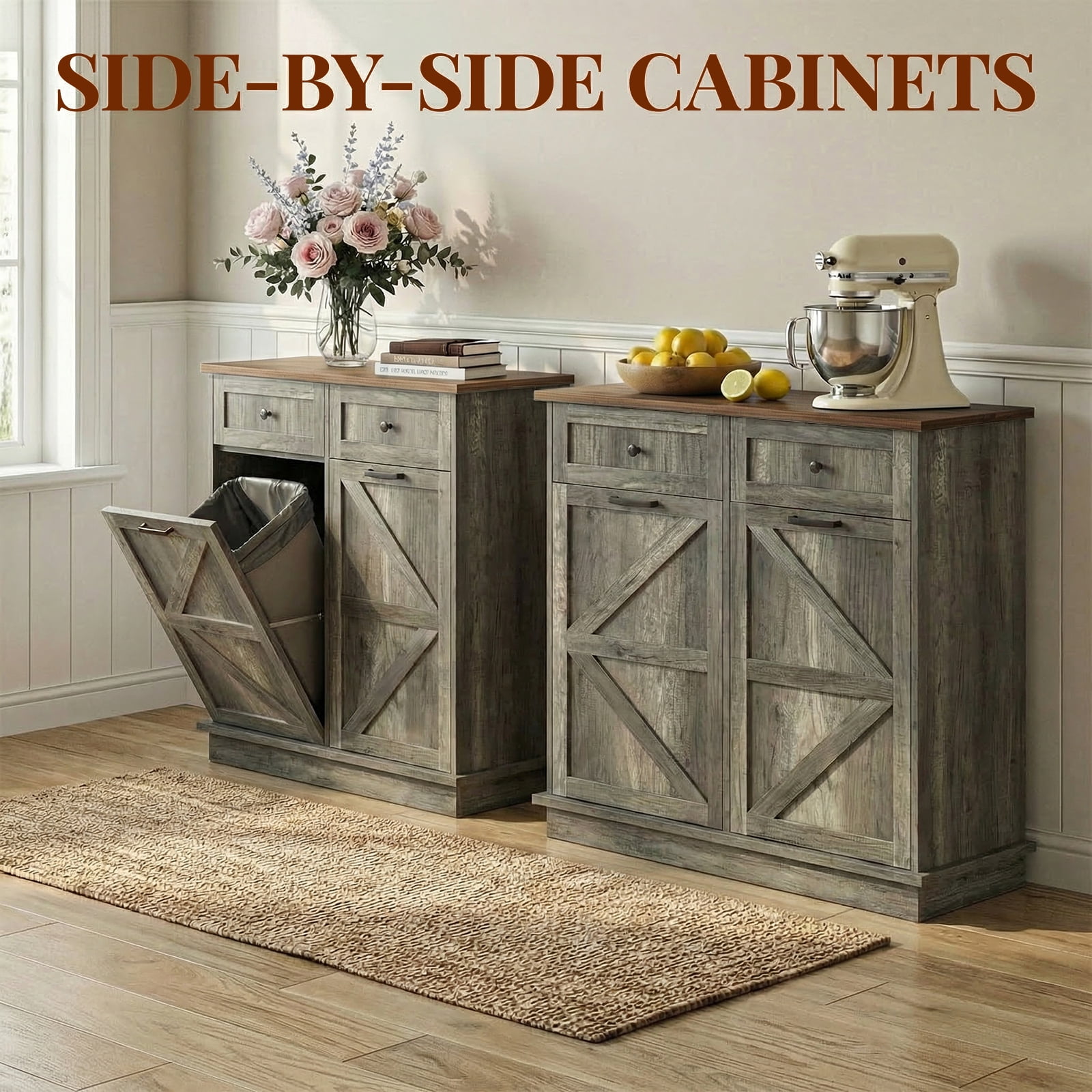 Leumius Tilt Out Trash Can Cabinet for Kitchen, Double 10-Gallon Hidden Trash Cabinet with Drawer, Farmhouse Wooden Garbage Cabinet, Dog Proof Storage