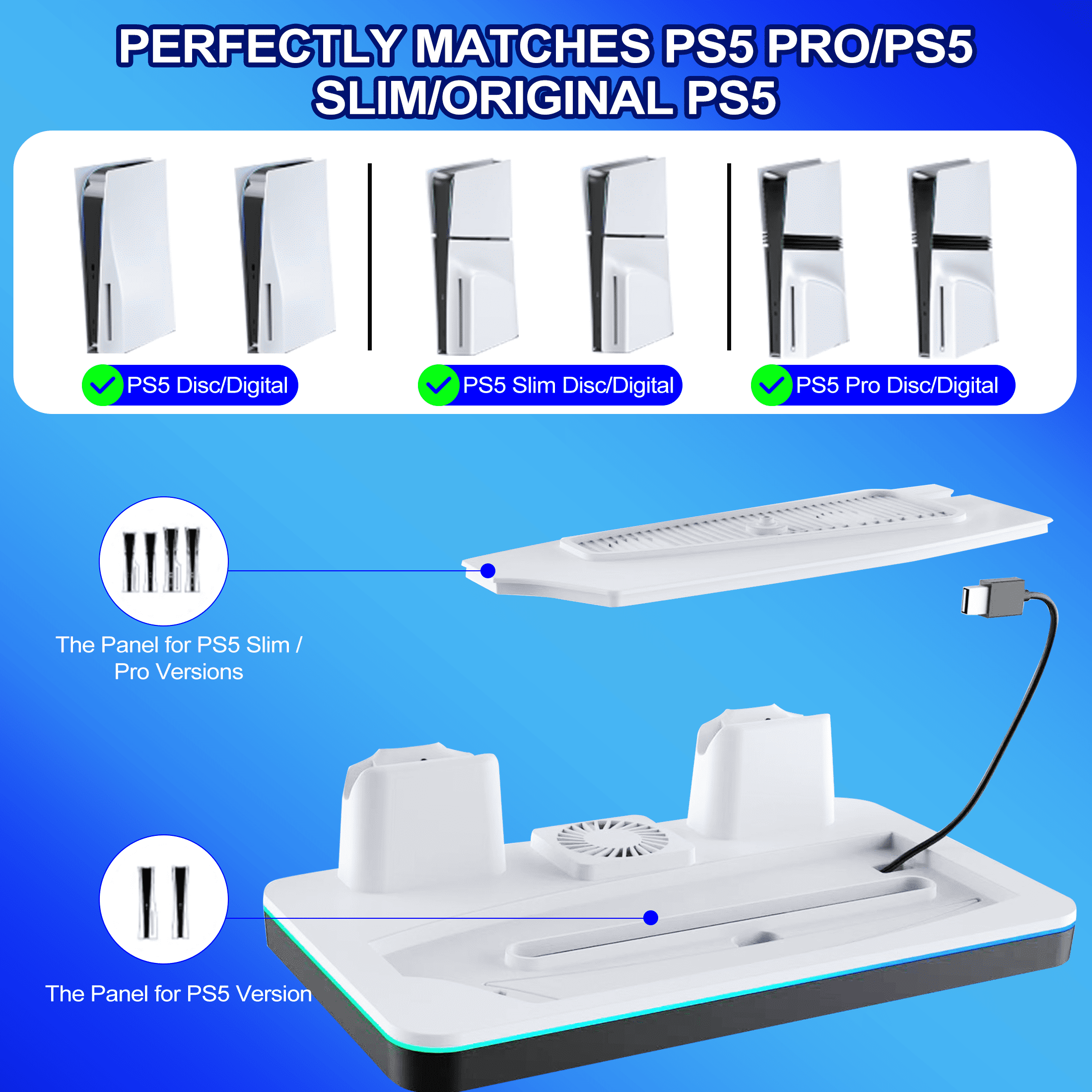 YUOY PS5/Slim/Pro Stand and Cooling Station with LED Controller Charging Station for PlayStation 5 Console, Controller Charger, Cooling Stand, PS5/Slim/Pro Accessories Kit with 2 Level Cooler Fan