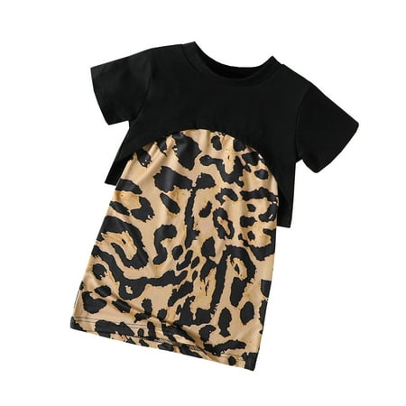 

Fsqjgq Smocked Dresses for Baby Girls Fall Toddler Kids Girls Short Sleeve Leopard Strap 2Pcs Princess Dress Set Outfit Baby Knit Overalls Cotton Blends Black 130