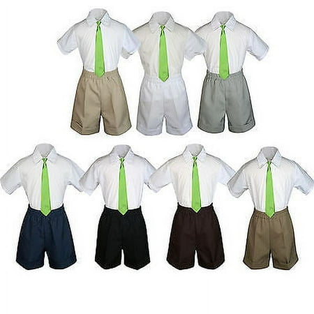 

3pc Set BoyToddler Formal Party Lime Necktie White Black Khaki Shorts S-4T
