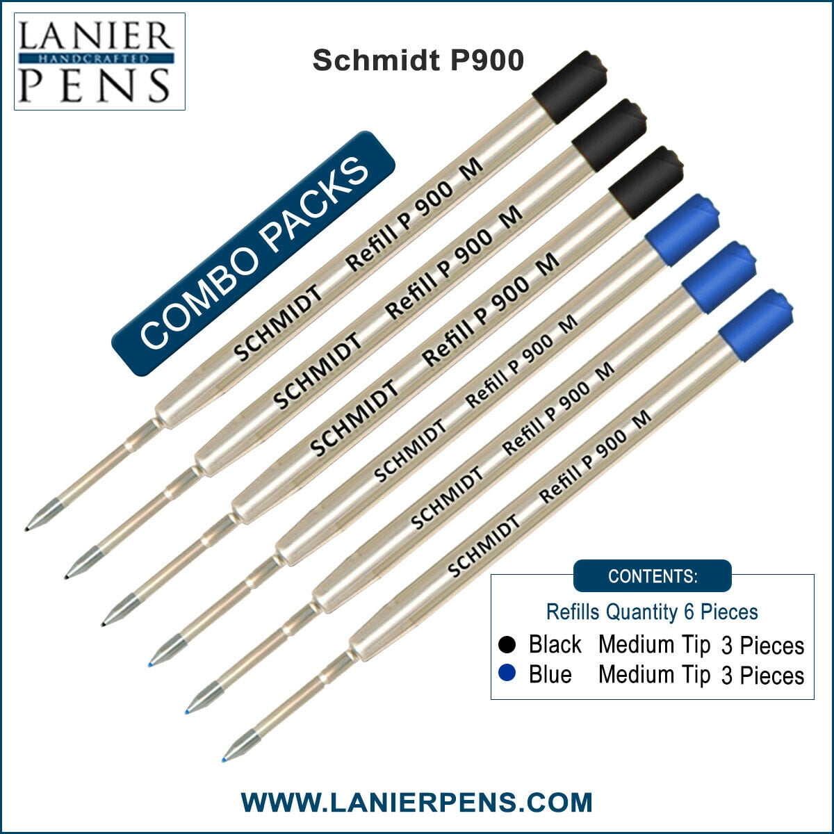 6X Schmidt P900 M Parker Style Ballpoint Refill Black/Blue Ink Medium Tip