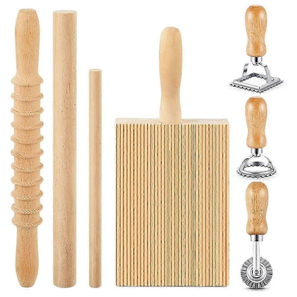 7 Pcs Outil de Fabrication de Pâtes, Planche à Gnocchi en Bois avec Tampon de Ravioli et Rouleau à Pâtisserie, Fabricant de Pâtes pour
