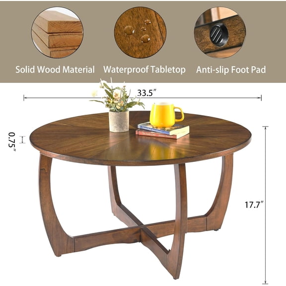 Round Wood Coffee Table, Mid Century Modern Round Walnut Coffee Tables for Living Room, 33.5" Dia. Circle Drum Coffee Table with Cross Legs, Easy Assembly, Brown Walnut KFZ-3223$$Furniture