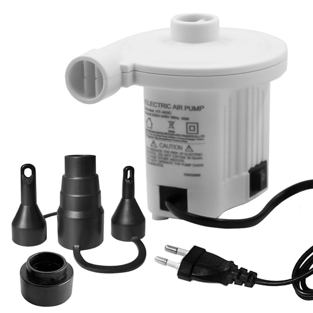 Graflsoa HT-403C Dual-Purpose Electric Air Pump: Compact, 45W, 220-240V AC, Ideal for Inflating and Deflating Outdoor Gear and Travel Essentials, Includes 4 Nozzles, White PVC Design.