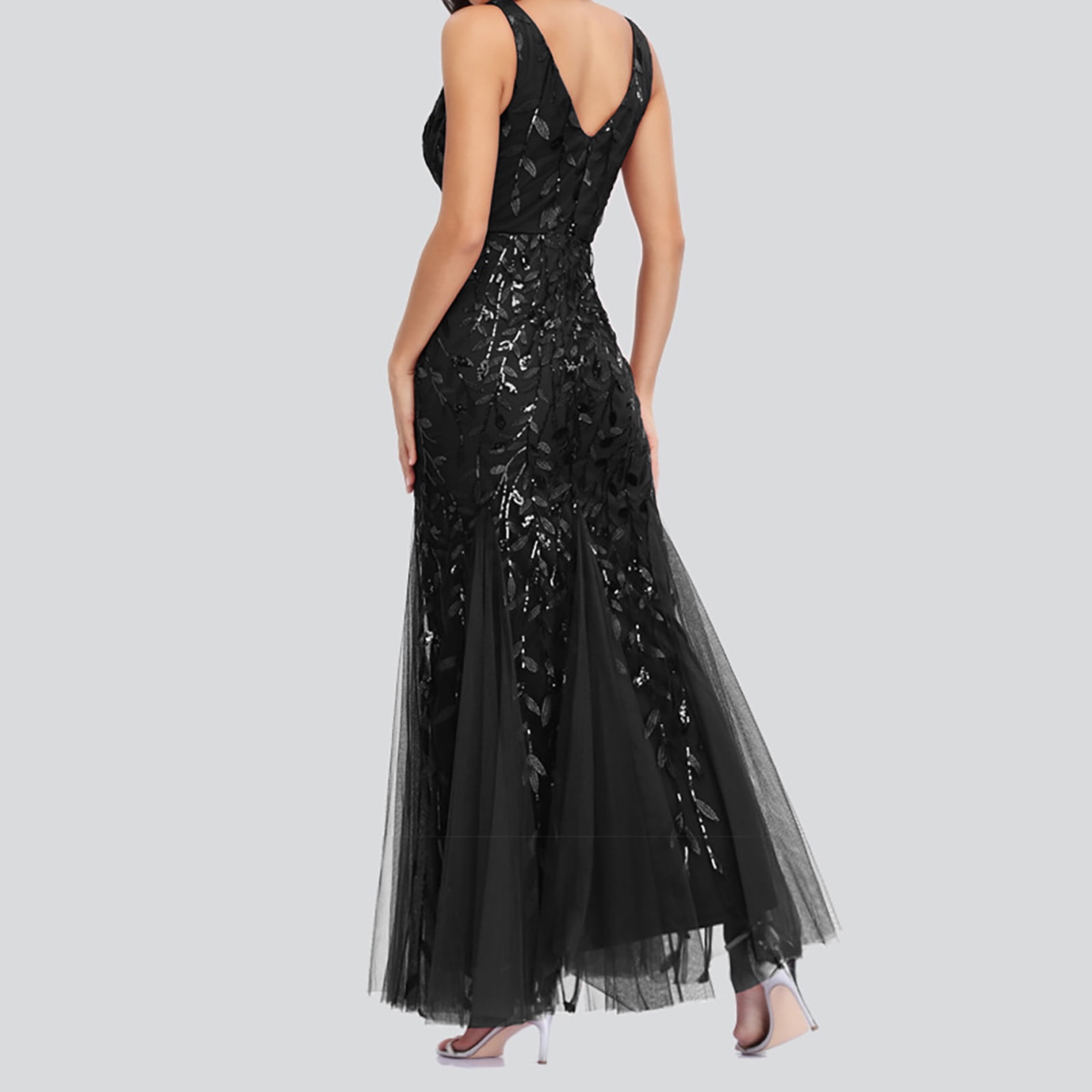 Womens Luxurious Sequins Formal Evening Dress Elegant Sleeveless Mermaid Tulle Floor Lenght Party Cocktail Dresses