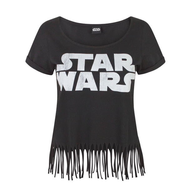 Star Wars - Camiseta con logo y flecos para mujer (Negro)