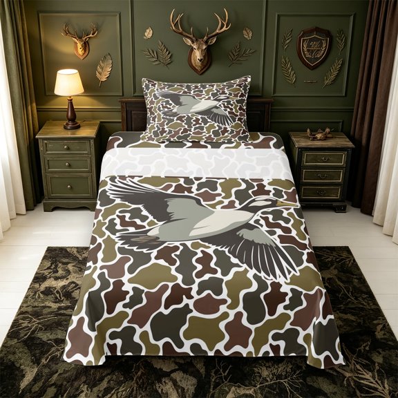 Manfei Camo Pattern Mallard Twin Sheets,Classic Camouflage Bedding,3-Piece,1 Flat Sheet,1 Fitted Sheet and 1 Pillowcase
