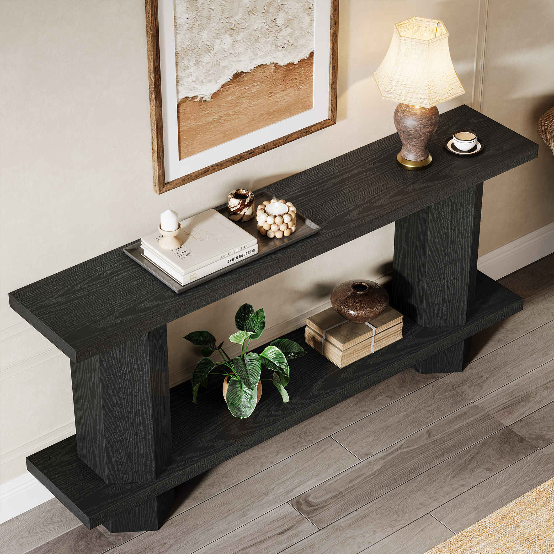 Finmind 71-Inch Long Wooden Console Table for Entryway,  Sofa Table Behind Couch for Living Room, Hallway, Foyer, Black