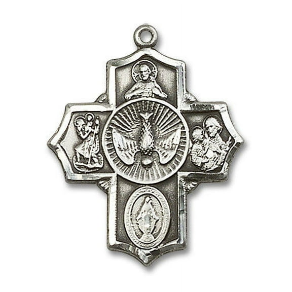 Extel Large Sterling Silver Traditional Catholic 5-Way Cross Cruciform Medal with Miraculous Medal, St. Joseph, St. Christopher and Sacred Heart, Made in USA