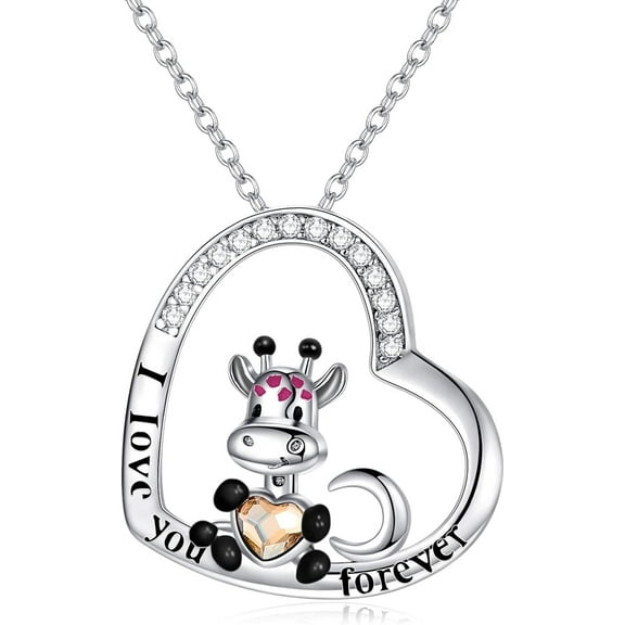 AOBOCO Mother Day Gifts I Love You Forever Necklace, Sterling Silver Heart Shape Pendant with Giraffe Jewelry Gifts for Women