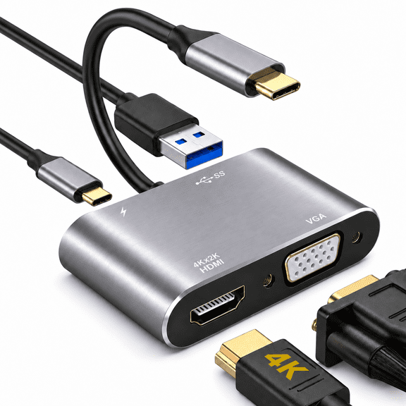 USB C to HDMI VGA Adapter, 4-in-1 Hub with 4K HDMI, 1080P VGA, USB 3.0 and 87W PD