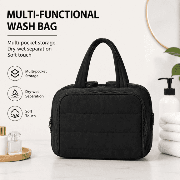 Large Wide-open Travel Toiletry Bag, Portable Puffy Cosmetic Makeup Organizer Bag with Handle, Multifunctional Storage Pouch for Daily Essentials Black