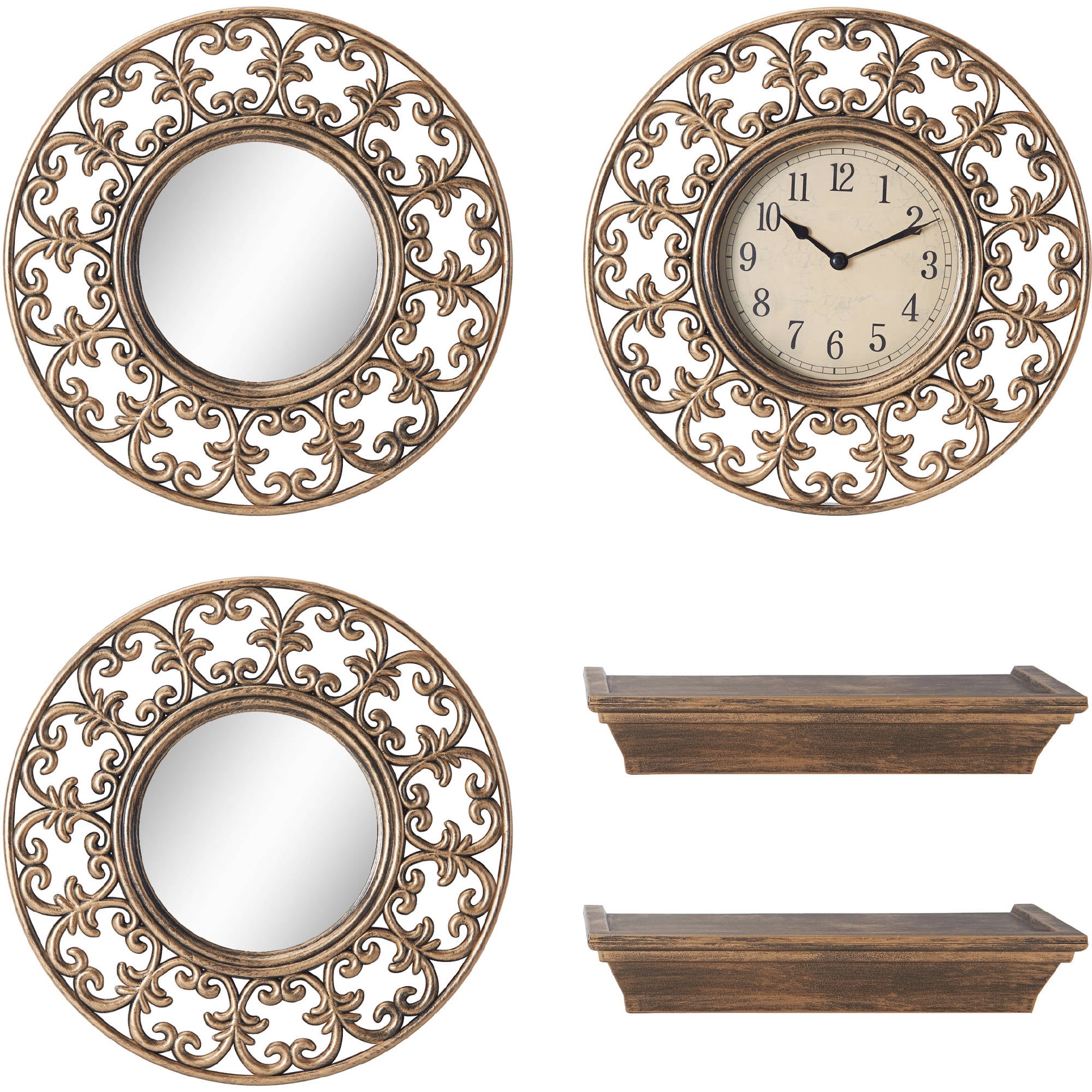 Elements 5 Piece Gold Plastic Clock Mirror Shelf Set Com