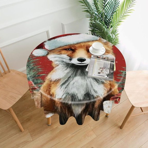 RKSupls 60 Inch Round Tablecloth, Fox Santa Gifts Premium Polyester Straight Edge Wrinkle Resistant Washable Table Cover for Party Home Dining Decor