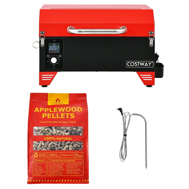 Costway Portable Tabletop Pellet Grill & 20lbs Apple Wood Pellets Outdoor Smoker BBQ Set