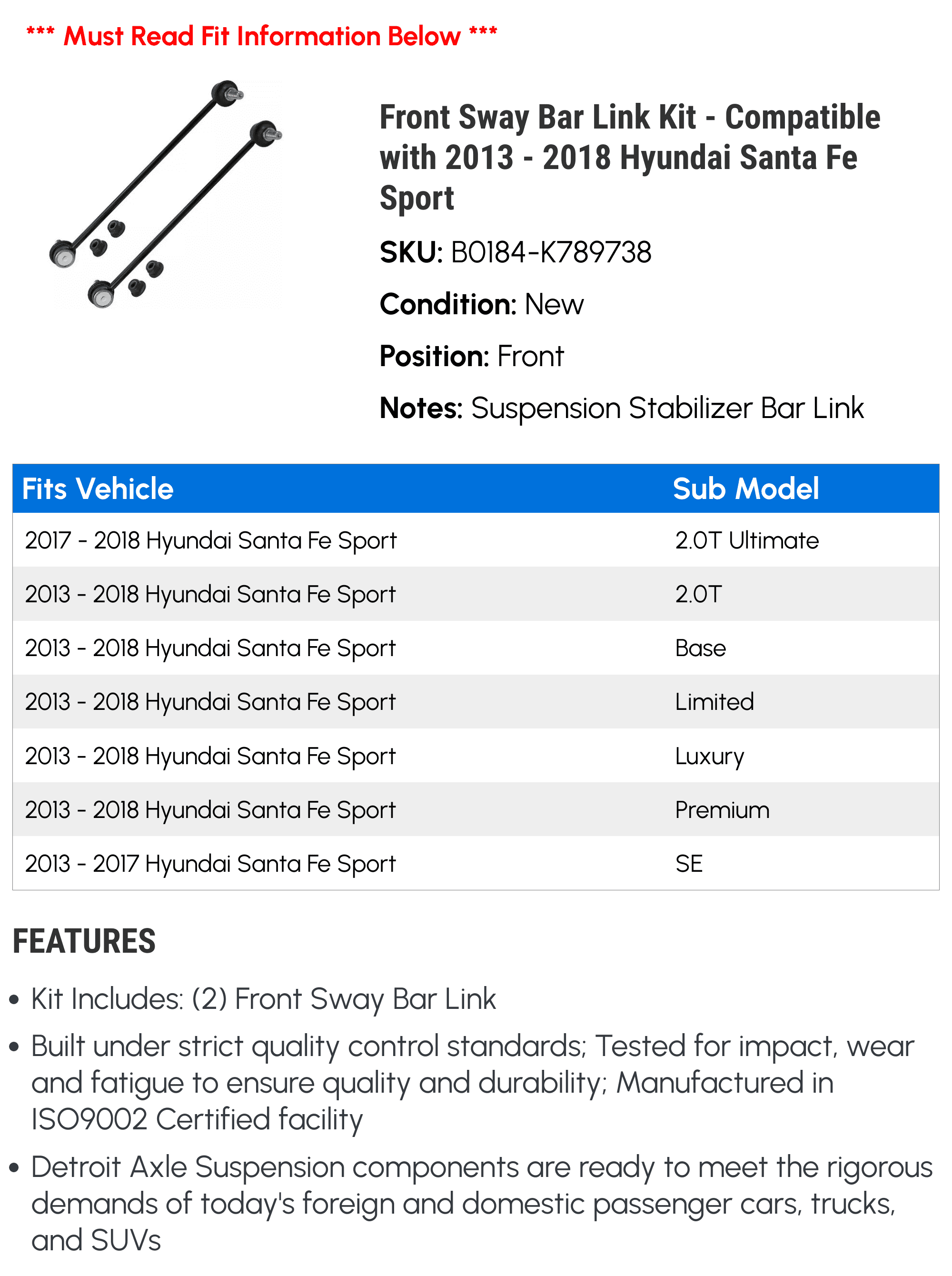 Front Sway Bar Link Kit - Compatible with 2013 - 2018 Hyundai Santa Fe Sport 2014 2015 2016 2017