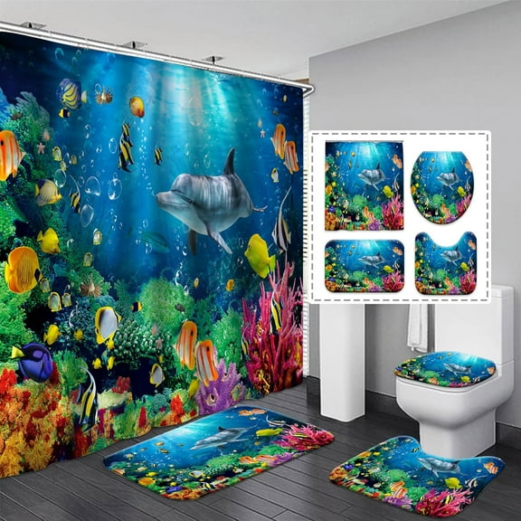Kids Bathroom Set Blue Ocean Bathroom Shower Curtain Sets Underwater Sea World Shower Curtain 4 Pcs, Waterproof Tropical Dolphin Coral Reef Fish Shower Curtain Hotel Home Toilet Restroom Accessories