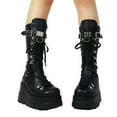 thumbnail image 2 of Gothic Punk Platform Motorcycle Boots for Women Lace-Up and Zipper Round Toe Combat Boot High Platform Mid Calf Wedges Chunky High Heel Boots, 2 of 6