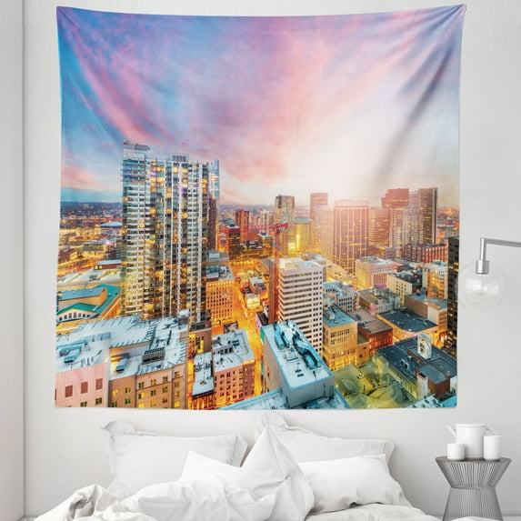 City Tapestry, Pastel Sky and Denver Colorado USA Scenery Modern Urban Downtown Dusk Morning, Fabric Wall Hanging Decor for Bedroom Living Room Dorm, 5 Sizes, Blush Multicolor, by Ambesonne