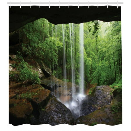 Alabama Bathroom Set Natural Cave Shower Curtain, Still Waterfall in the Forest in Northern Alabama Habitat Ecosystem Scenery, Fabric Bathroom Set with Hooks, Green Brown, by Ambesonne ()