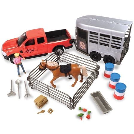 Big Country Toys: Truck & Horse Trailer Adventure - 24pc Rodeo Toy Playset, Light-Sound Red Pickup, Articulated Horse & Cowgirl Action Figure, Kids 3 