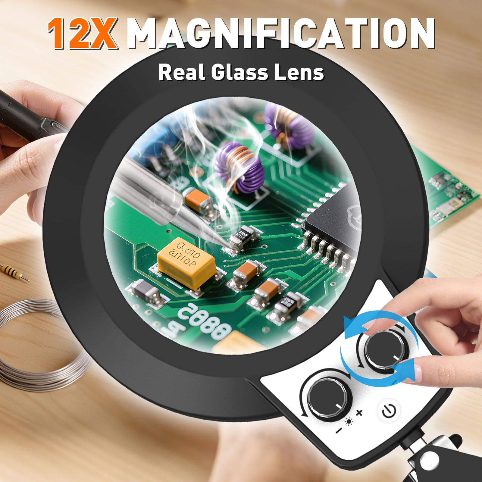 KIRKAS Magnifying Glass with Light and Clamp, Extra-Long Arm Magnifying Lamp Overhead Knob for Workbench Craft Repair Sewing, LED Lighted Magnifier Real Glass Lens Stepless Dimming and Color