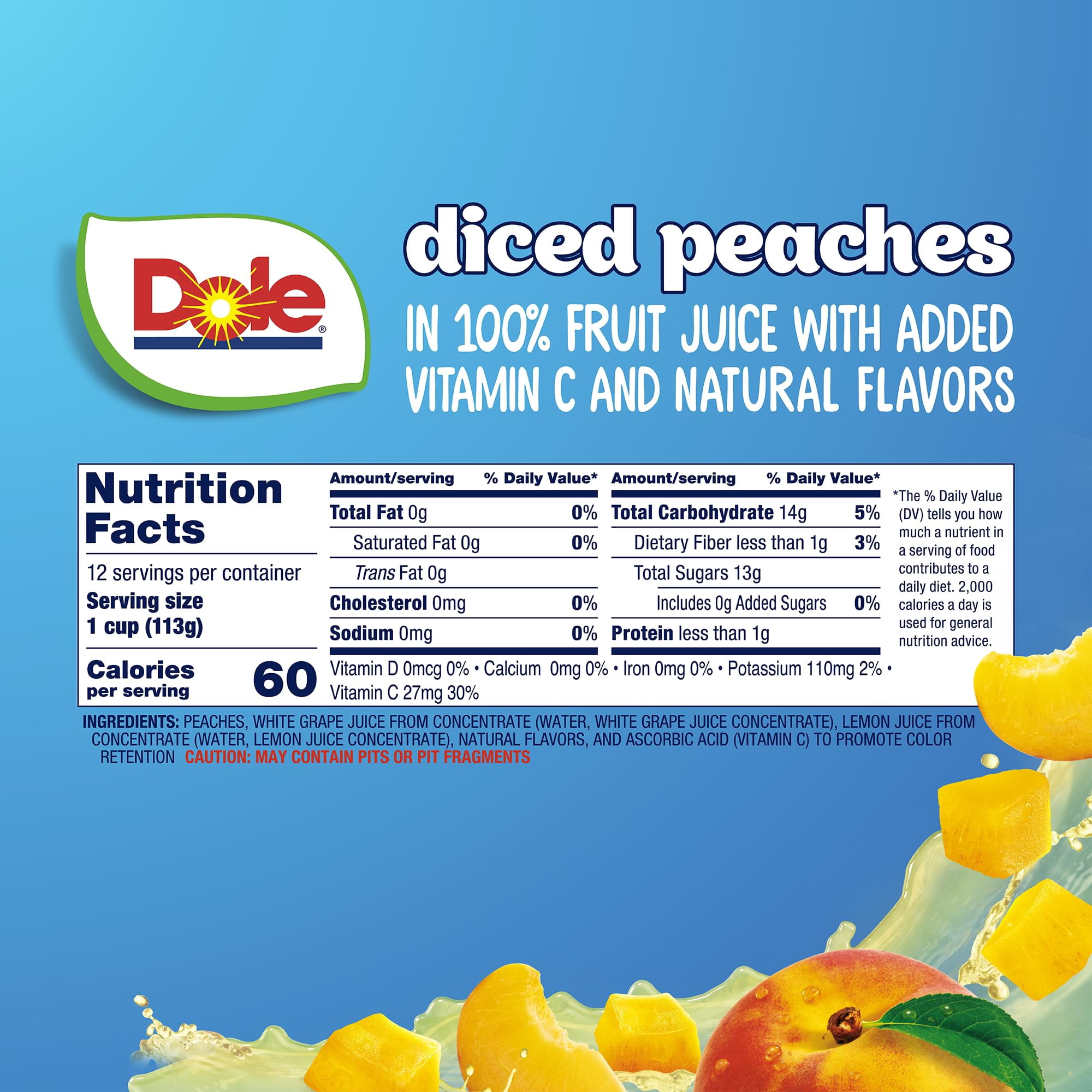 Dole Diced Peaches in 100% Juice - Dole Fruit Bowls Snacks