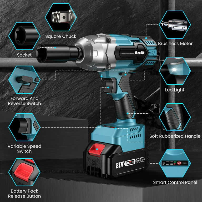 Seesii Brushless Power Impact Wrench, Cordless, 1/2 inch Max High Torque  479 Ft-lbs(650Nm), 3300RPM w/ 2x 4.0 Battery, 6 Sockets,9 Drill,6 Screws  for