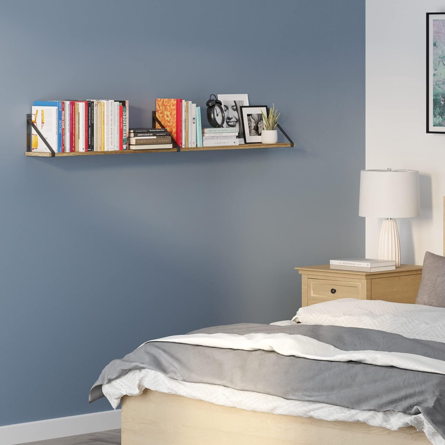 Wallniture Bora 60"x6" Rustic Floating Shelves, Wall Bookshelf Living Room Decor, Wall Shelf for Bedroom, Dining Room, Kitchen, Burnt Finish, Wood