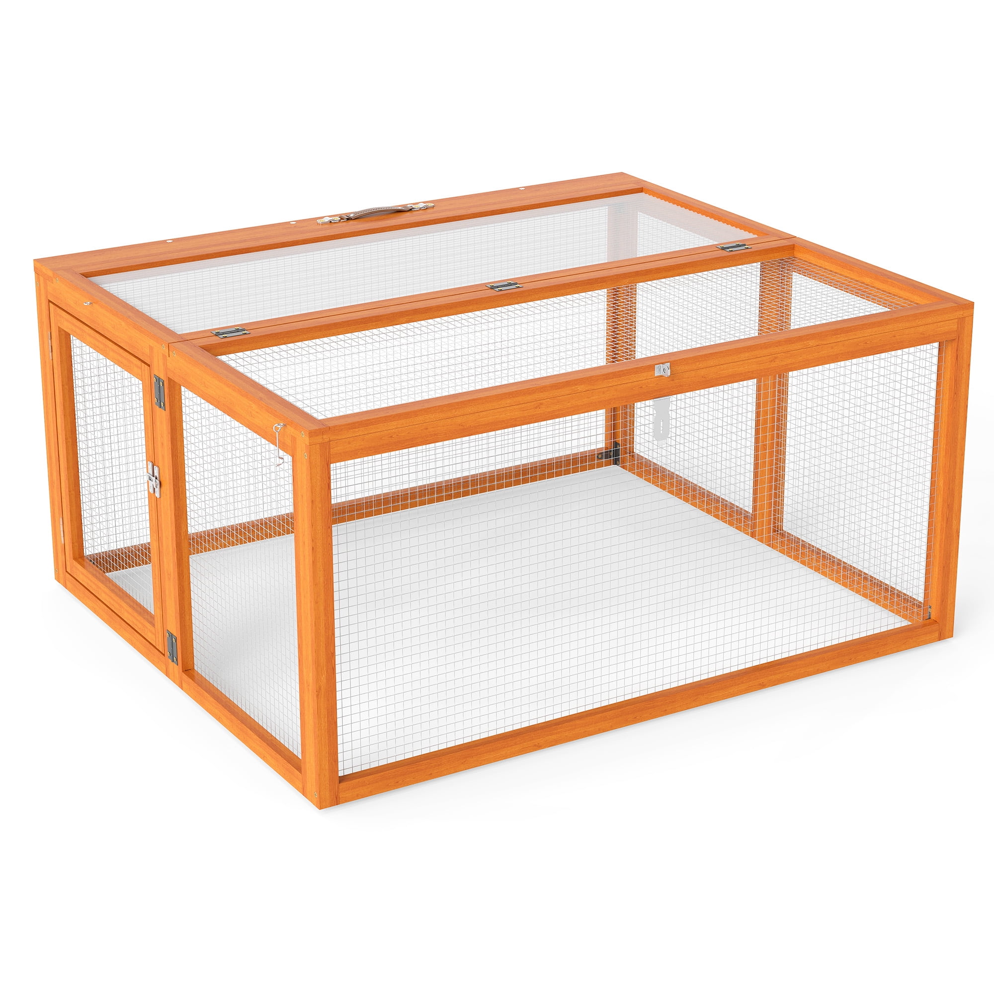 Orange Rabbit Hutch - Folding Wooden Outdoor Bunny Cage with Run, Durable Fir & Galvanized Wire Mesh, Lockable Doors, 4 Ground Stakes for Stability - for Rabbits, Chickens, Small Animals