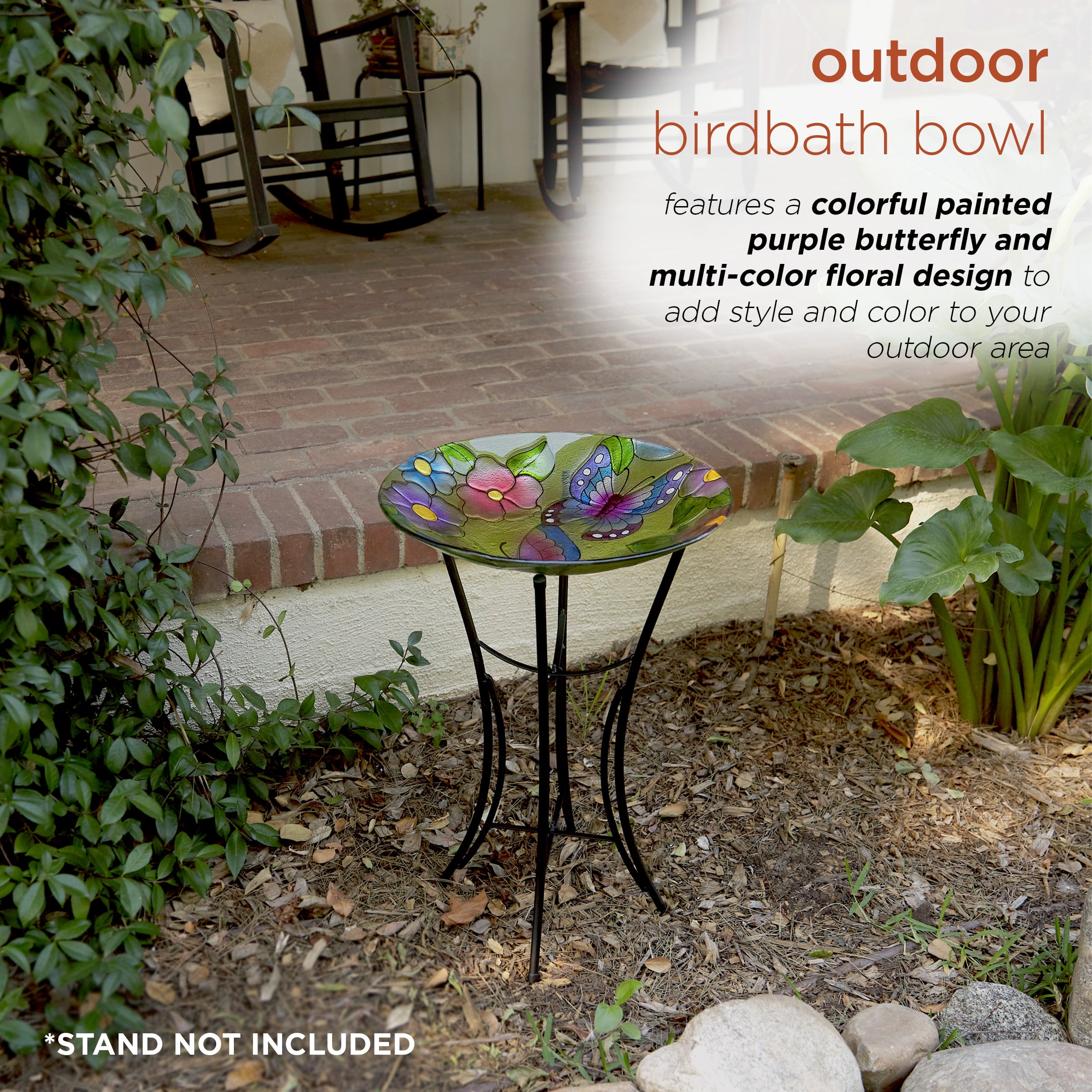 Alpine Corporation 18" Floral Butterfly Painted Glass Birdbath Bowl, Multicolor