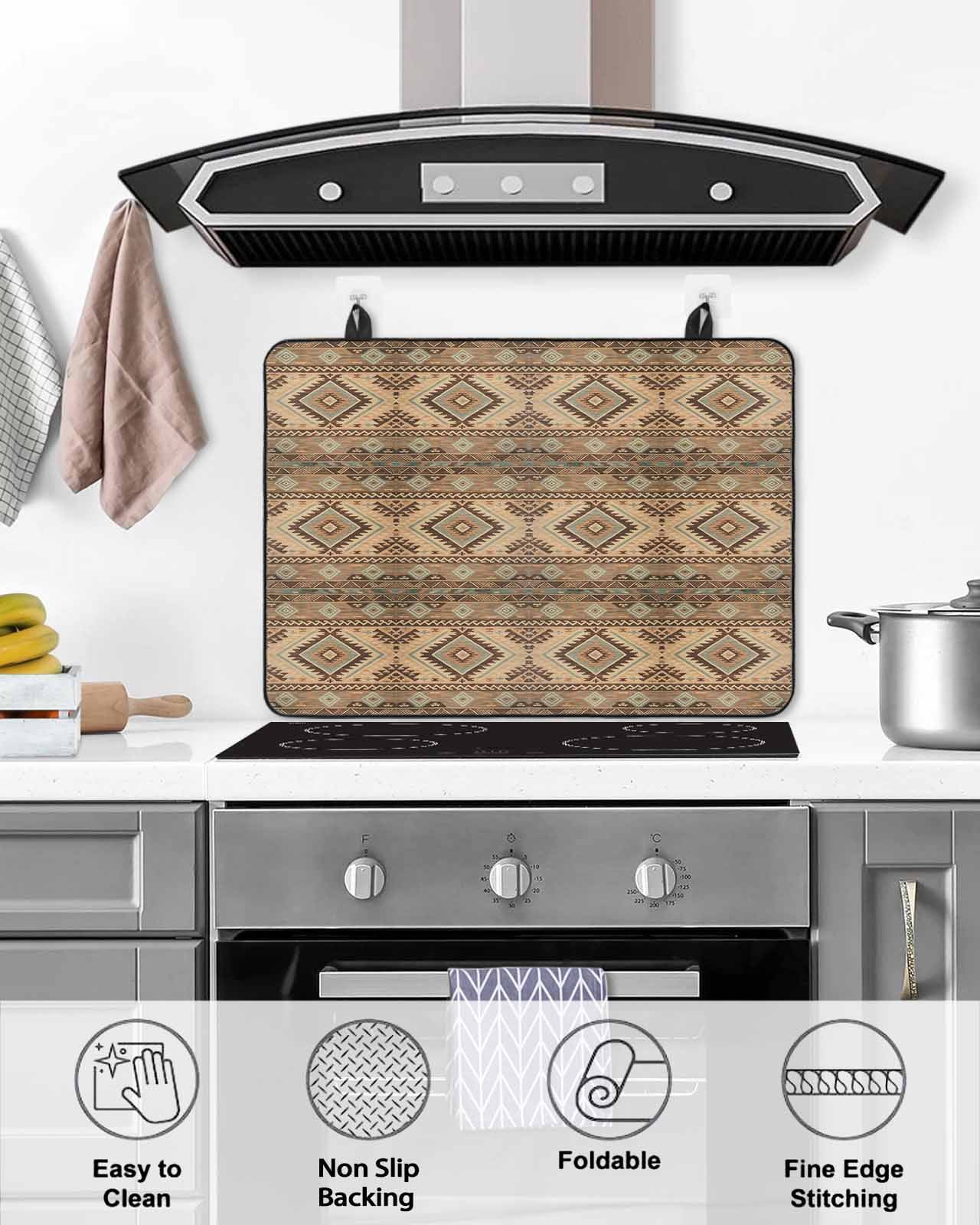 nqOlkjepod Large Induction Cooktop Protector Mat 24"x21", Brown Southwest Stove Top Covers for Electric Stove, Modern Geometric Ethnic Vintage Stove Burner Cover Mats, Glass Top Stove Cover