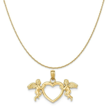 14k Yellow Gold Flying Cherubs Holding Heart Pendant on 14K Yellow Gold Rope Chain Necklace, 16"