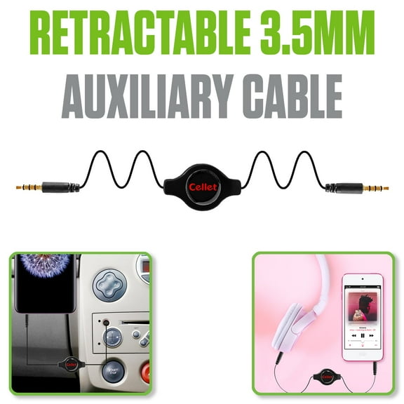 Cellet Retractable 3.5mm Stereo Aux Cable – 32" Tangle-Free Audio Cord for Car, Home, and Travel