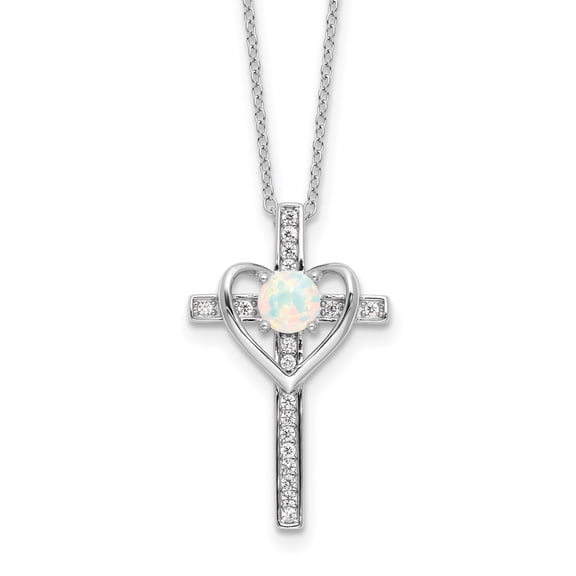 Diamond2Deal 925 Sterling Silver RH-plated Created Opal and Cubic Zirconia Cross w/Heart Necklace for Women 18"