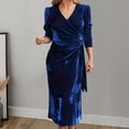 thumbnail image 4 of Quixlent Women Autum Spring Dress Cross V Neck Solid Color Lace-up Tight Waist Velvet Mid-calf Length Long Sleeves Pleated Dating Commuting Midi Dress, 4 of 8