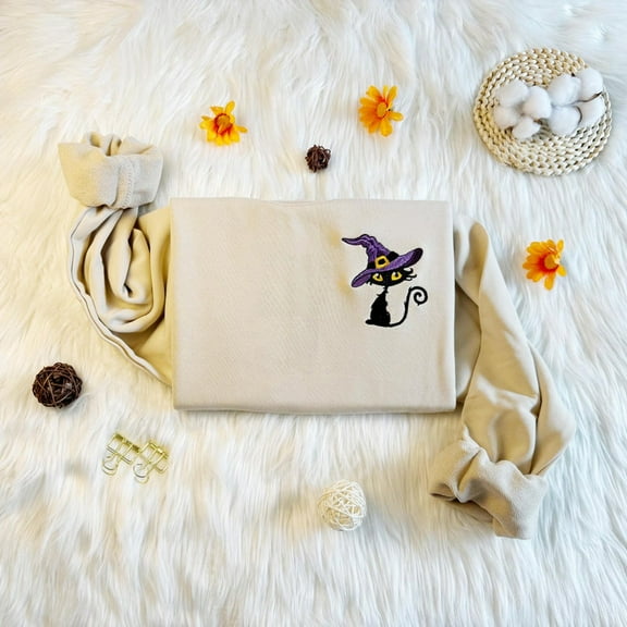Witch Cat With Hat Embroidered Sweatshirt
